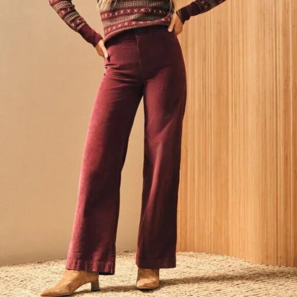Faherty Pants - Faherty Maroon Banner Stretch Corduroy Wide Leg Pants